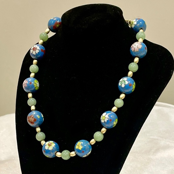 Vintage Chinese Blue Cloisonné Jadeite Sterling Silver Bead Necklace Enamel - Picture 3 of 11